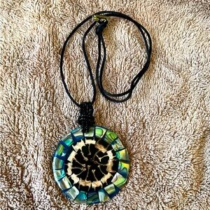 Gorgeous Abalone Plus More Shells lacquered Pendant on Silk String